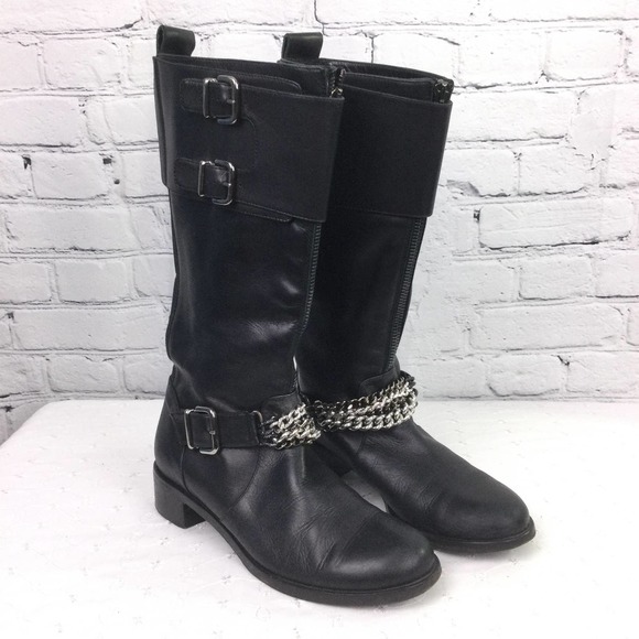 Claudia Ciuti Women's Buckles Chain Link Block Heel Black Leather Calf Boot 7.5 - Picture 7 of 15